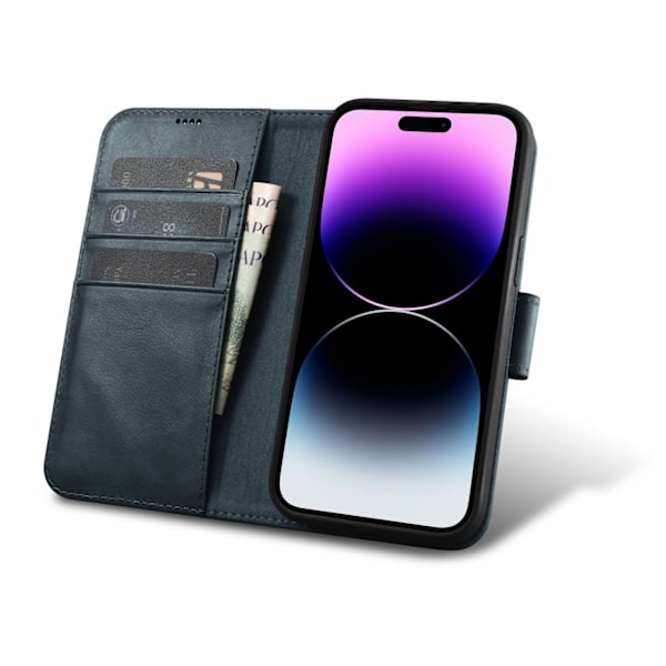 2in1 nahkainen läppäkuori iPhone 14 Pro Max Anti-RFID Oil Wax Lompakkokotelo Sininen