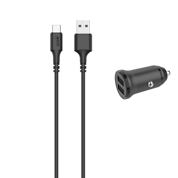 GEAR laturi 12-24V 2xUSB-A 3.4A musta USB-C 2.0 kaapeli 1m