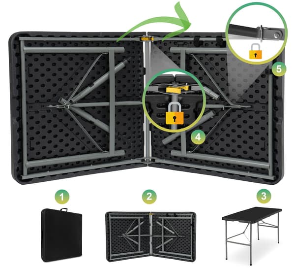 Sammenklappeligt cateringbord, sort, 122 cm, HDPE-plade