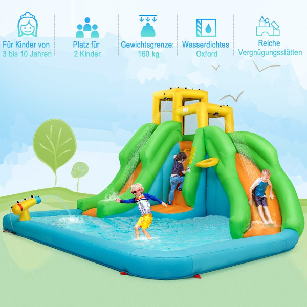 Bouncy Castle -vesipuisto kahdella liukumäellä kiipeilyseinä 400 x 361 x 255 cm (ilman puhallinta)