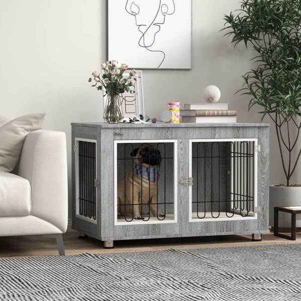 Hundbur, Hundhus, Med Dyna, 2 Spärrar För Medelstora Hundar, Hundbur Med Dubbla Dörrar, Hundhus, Grå, 90 X 58 X 65 Cm