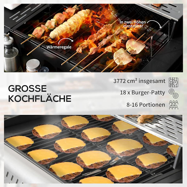 Kaasugrillivaunu 2+1 Polttimella, Lämpömittari, 3Kw, Bbq Hiiligrilli, Hylly, Sivuhylly, Koukku, Leirintäalue, Musta
