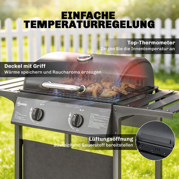 Gasgrill 5kW, 2 brændere, rustfrit stål, sideborde