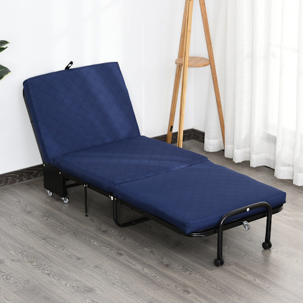 Fällbar gästsäng 2-i-1 Justerbar Sänggavel Höjd Hjul Stålskum Blå 184x65x26cm