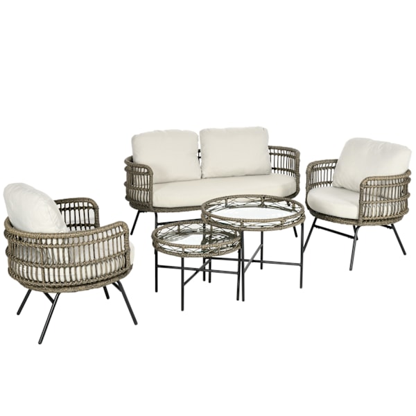 Havemøbelsæt 5 stk siddesæt i rattan med hynder 2 lænestole 2 sofaborde 1 dobbeltsofa Balkonmøbler i boho-stil til 4 personer aluminiumsbrun
