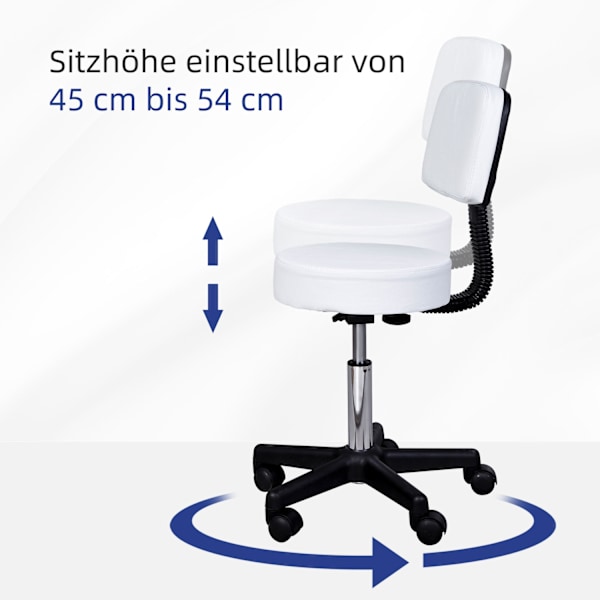 Arbejdsskammel rullestol drejestol højdejusterbar med ryglæn, kontor, hvid, Φ35 x H72-84 cm