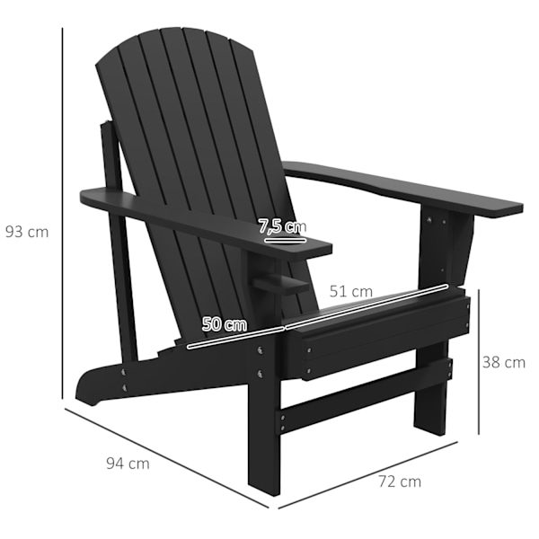 Adirondack trädgårdsstol med mugghållare, massivt trä, svart, 72,5 x 97 x 93 cm, perfekt för trädgård och balkong
