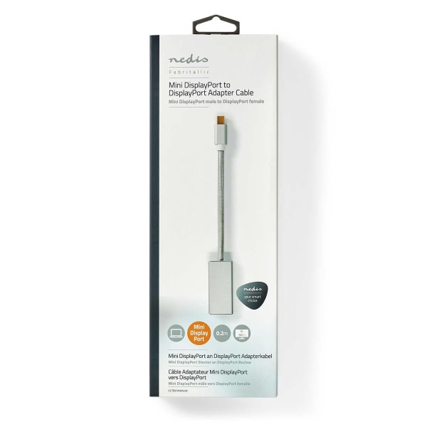 Mini Displayport-kabel | DisplayPort 1.2 | Mini DisplayPort Hane | DisplayPort Hona | 21.6 Gbps | Guldplaterad | 0.20 m | Rund | Flätad | Silver | Kar