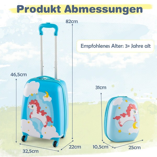 2-delt børnekuffert + rygsæk lavet af plastik børnevogn børnebagage 12"+16" blå hest