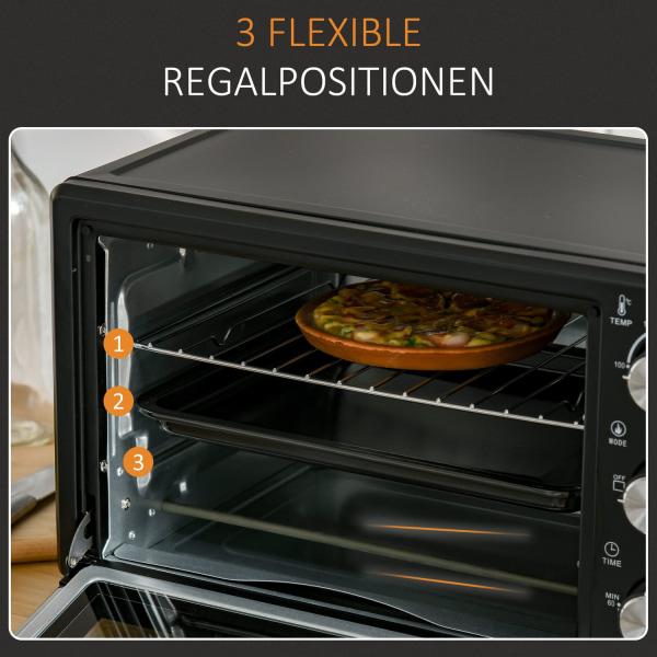 Miniovn 21L, 3 Tilberedningstilstande, 100°C-230°C, 1400W, Rustfrit Stål & Glas, Sort+Sølv, 46,4X38X28,5Cm