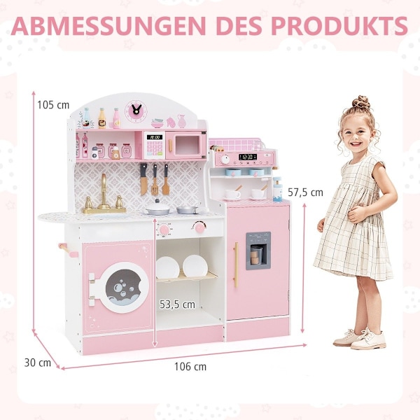 Barnkök med 27 tillbehör, lekkök i trä med klocka, mikrovågsugn, rosa