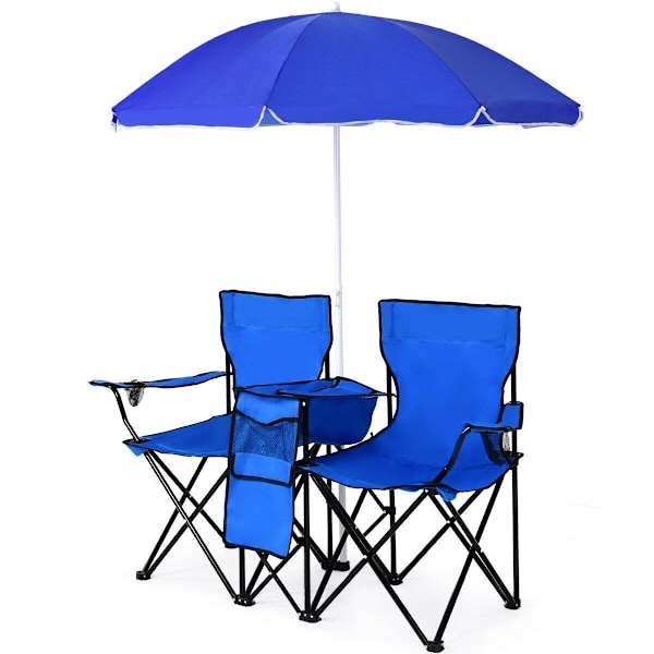 Sammenklappelig campingstol med parasol til 2 personer, klapstol til par, dobbelt fiskestol, foldbar med kopholder, køletaske, blå