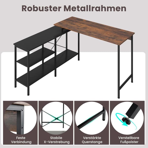 Vendbart L-formet skrivebord med hylder, rustik brun