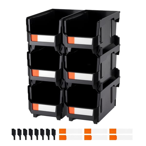 Stabelbare opbevaringsbeholdere, åben front, sort, 6-pak, 37,7 x 21,5 x 18 cm