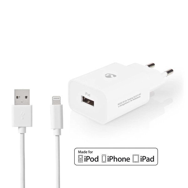 Väggladdare | 12 W | Snabbladdnings funktion | 1x 2.4 A A | Antal utgångar: 1 | USB-A | Lightning 8-Pin (Lös) Kabel | 1.00 m | Single Voltage Output Vit