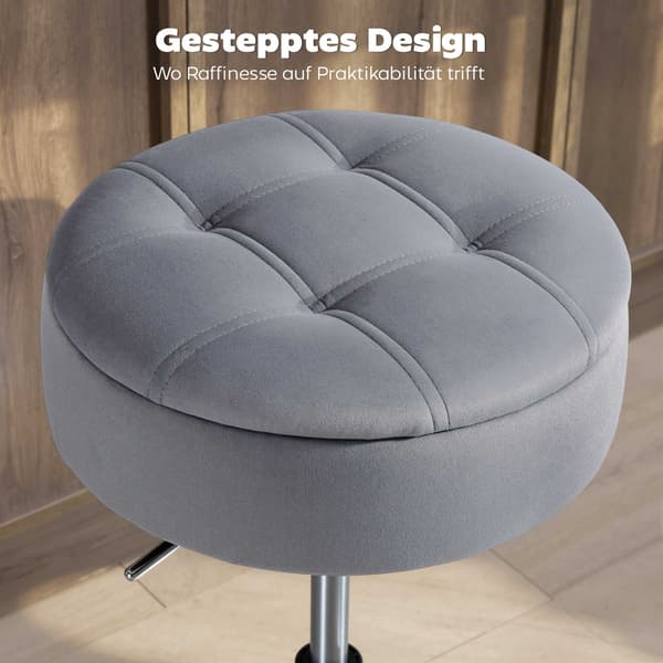 Justerbar grå fløjlsbarstol med opbevaring, 39x39x65 cm