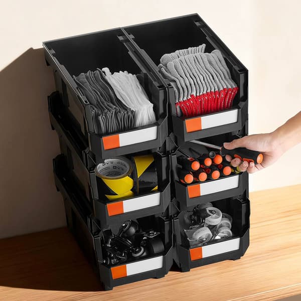 Stabelbare opbevaringsbeholdere, åben front, sort, 6-pak, 37,7 x 21,5 x 18 cm