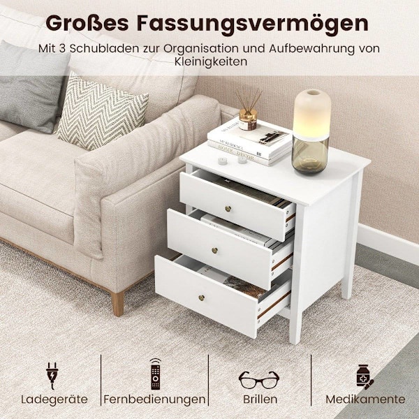Sengebord med 3 skuffer, sidebord, natbord, natbord, hvid
