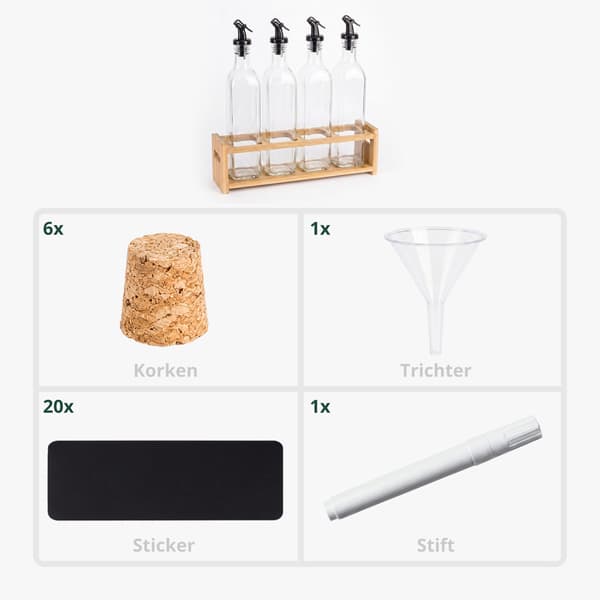 Glasoljeflaskset med bambuhållare – 4-pack