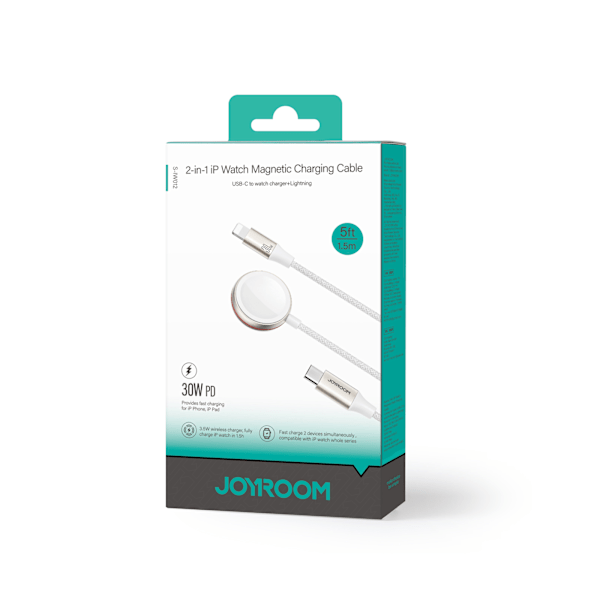 2in1 Lightning-kaapeli iPhonelle ja induktiivinen laturi Apple Watchille USB-C 1,5m valkoinen
