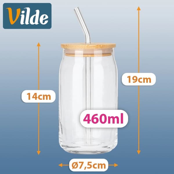 Glasmuggar med bambulock och sugrör, 460 ml, set om 2