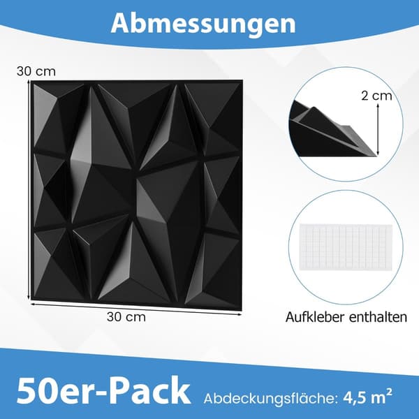 3D-väggpaneler, svart PVC, 50-pack, 30x30 cm, 4,5 m² täckning