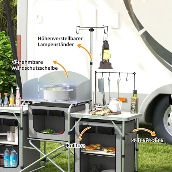 Camping Kitchen Kokoontaitettava Keittiö Tuulensuoja 3 Kaappia 3 Työtasoa Säädettävä Valoteline Camping Garden Alumiini Oxford Harmaa