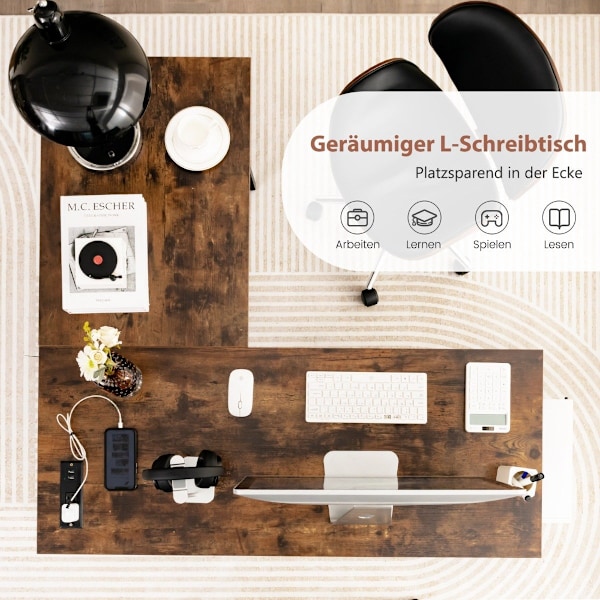 Skrivebord L-Shape hjørne skrivebord med stikkontakter &amp; USB-porte 120 x 120 x 75 cm rustik brun