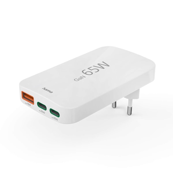 HAMA Oplader 2x USB-C 1x USB-A Flad PD 65W Hvid Hvid
