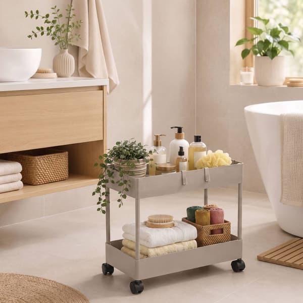 Serveringsvagn med 2 våningar och hjul, beige