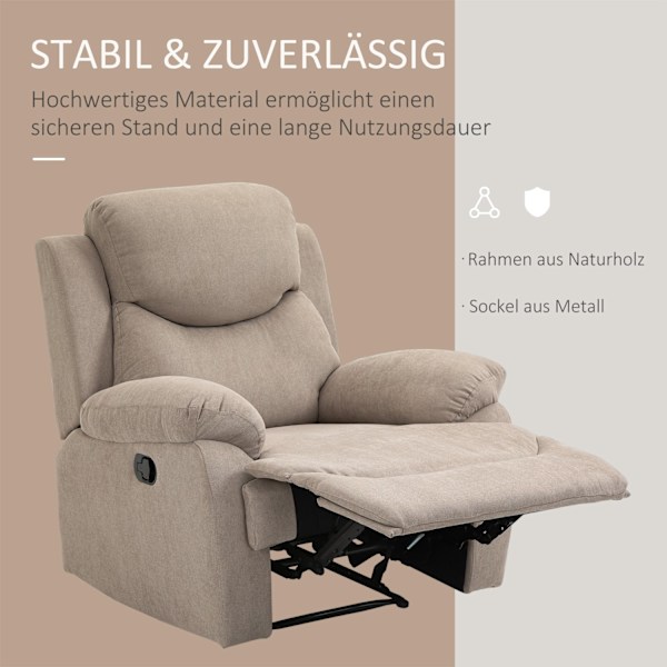 Relaxstol enkel soffa solstol med 150° lutning, TV-stol i linnelook, beige, 97x96x105,5cm