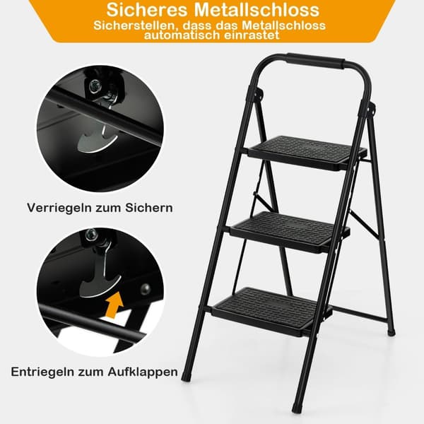 3-trins foldestige, skridsikker, metal, sort