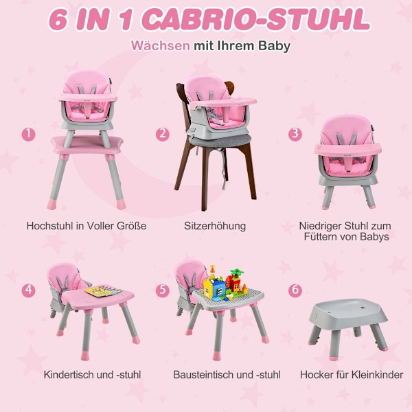 6-in-1 Vauvan syöttötuoli Syöttötuoli ja ruokailutuoli ja oppimispöytä ja rakennuspalikkapöytä 58 x 58 x 98 cm vaaleanpunainen