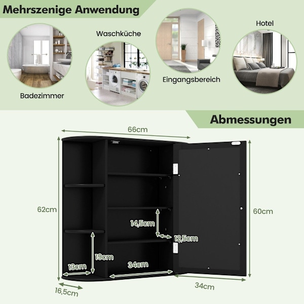 Spejlskab badeværelse 4 rum & 6 åbne hylder badeværelsesskab med spejl 66 x 17 x 63 cm sort