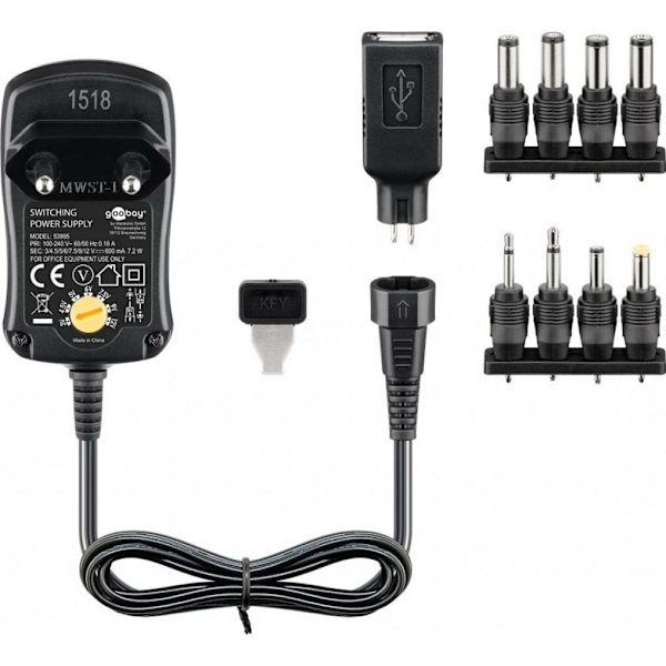 Miljøvenlig universal strømforsyning 600 mA 3-12 V med 8 DC + 1 USB adapter strømstik