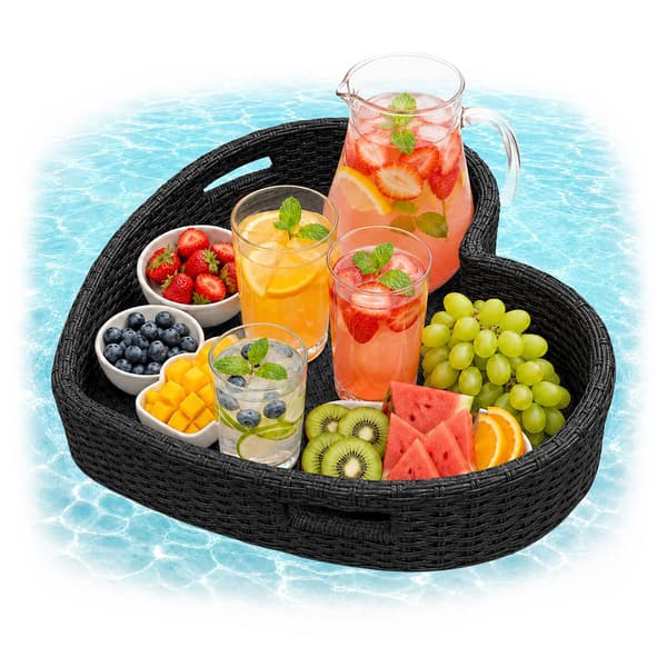 Hjerteformet flydende poolbakke, sort rattan, 60 cm