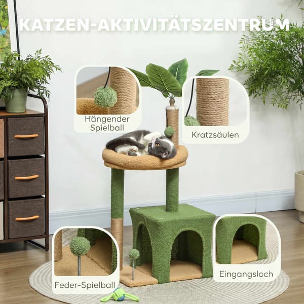 Kradsetræ med hule, seng og jutestolper – 98 cm, bladdesign