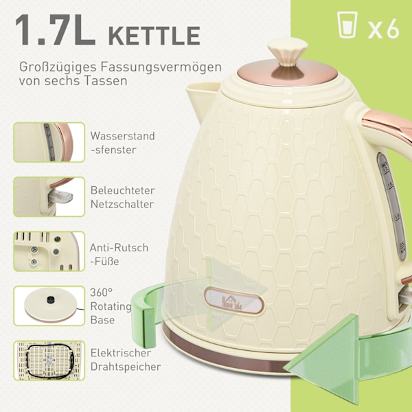 Vattenkokare med brödrost 1,7L vattenkokare 4 skivor toast frukostset med 7 bryningsnivåer, automatisk avstängning, avfrostnings- och återuppvärmnings