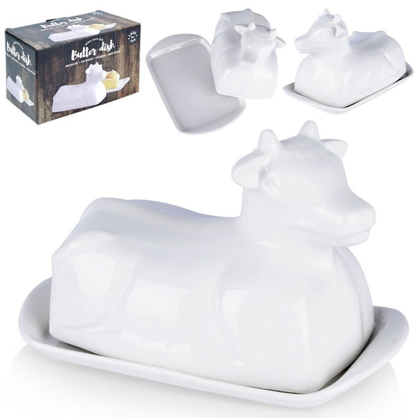 Elegant smörbytta i form av ko, vit porslin, med lock