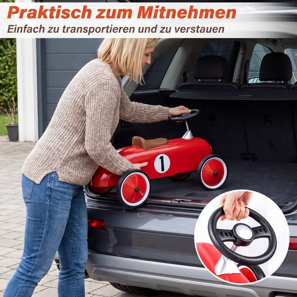Punainen lasten auto teräsrungolla ja liukumattomilla pyörillä