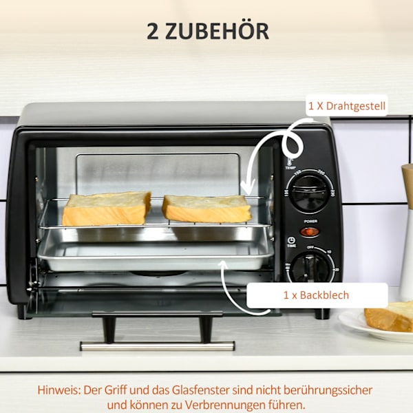 Miniovn 10 Liter 750W Lille Elektrisk Ovn Med Temperatur Op Til 230 ℃ Timer 60 Minutter Bageplade Og Stativ 36,5X26X22 Cm Sort