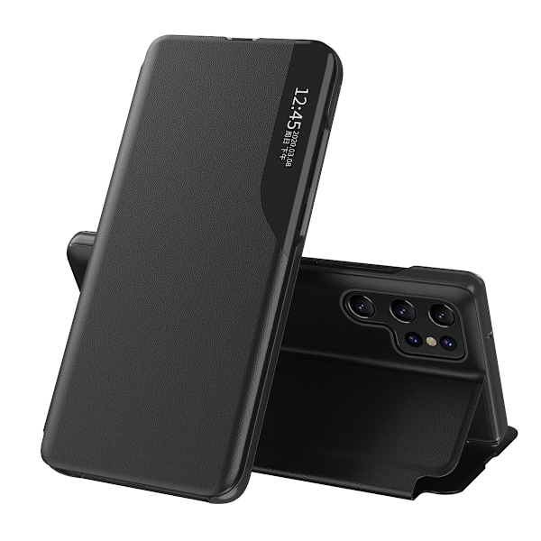 Kotelon kansi Samsung S24 Ultralle läpällä ja jalustalla Eco Leather View Case musta
