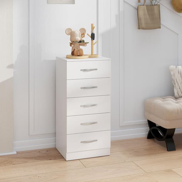 Hvid kommode med 5 skuffer, spånplade, pladsbesparende design