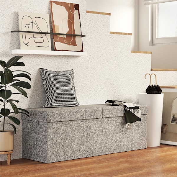Bænk med opbevaringsplads, foldbar polstret bænk med separate beholdere, sengebænk med linnedlook, sædekiste til entre, soveværelse, stue, 110 x 38 x