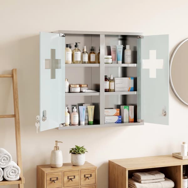 Låsbart medicinskåp, glasdörr, 6 hyllor, silver