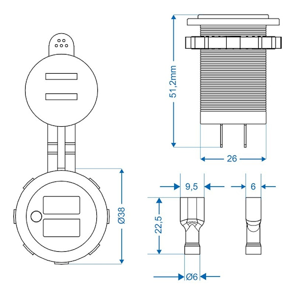 USB-portti kaksinkertainen uppoasennus tyyppi A 2x2100mA 12V/24V
