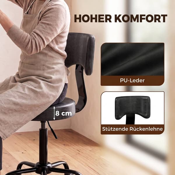 Justerbar salonskammel med hjul, sort PU-læder