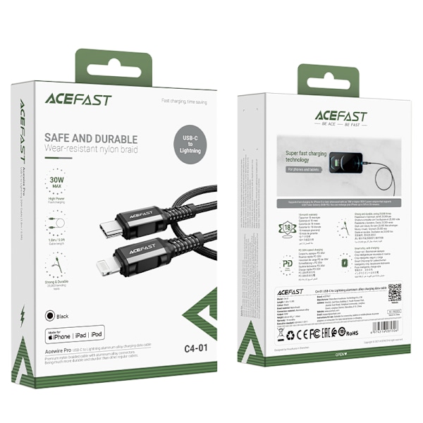 MFI kabel til iPhone USB-C - Lightning 30W 3A 1,8m sort