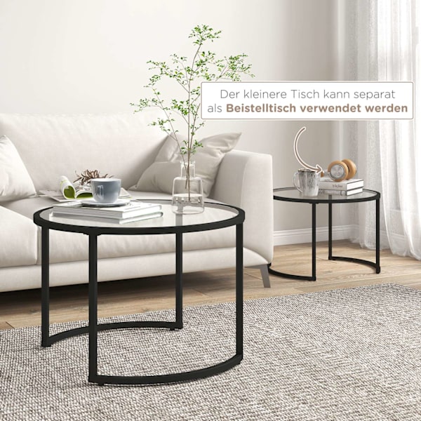Sofabord Sæt Af 2, Sidebord Med Sort Stålstel, Sofabord, Sofabord Med Hærdet Glas Bordplade, Delvis Stabelbar