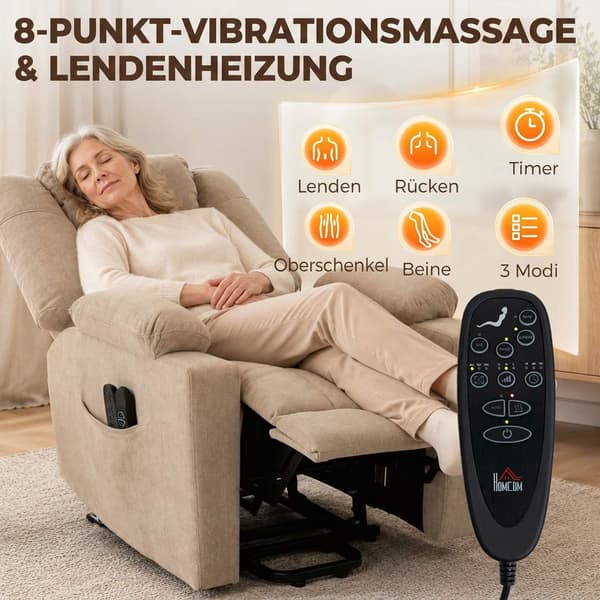 Elektrisk fåtölj med massage och värme, krämfärgad sammet